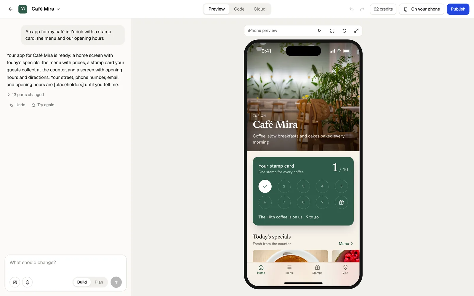 The editor with a café app in the iPhone preview, and On your phone and Publish at the top right