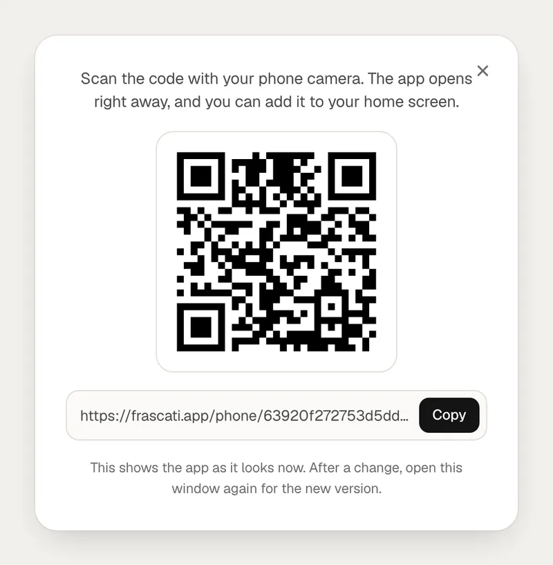The window Open the app on your phone with a QR code and the address to copy