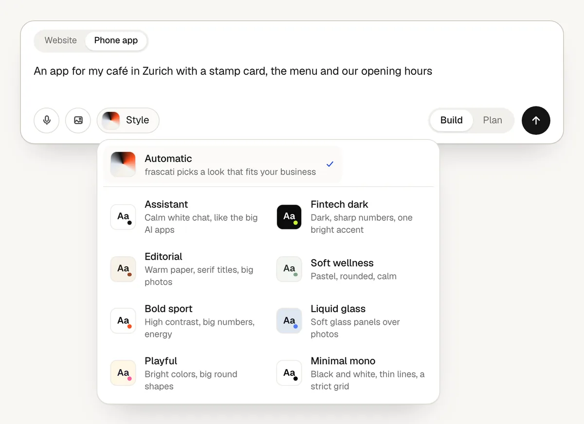 The prompt box with Phone app selected and the Style list open: Automatic, Assistant, Fintech dark, Editorial and more
