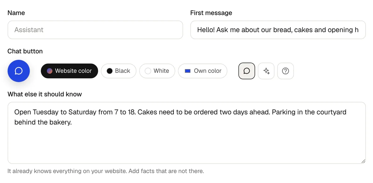 The AI assistant's settings: name, first message, the chat button's color and symbol, and what else it should know