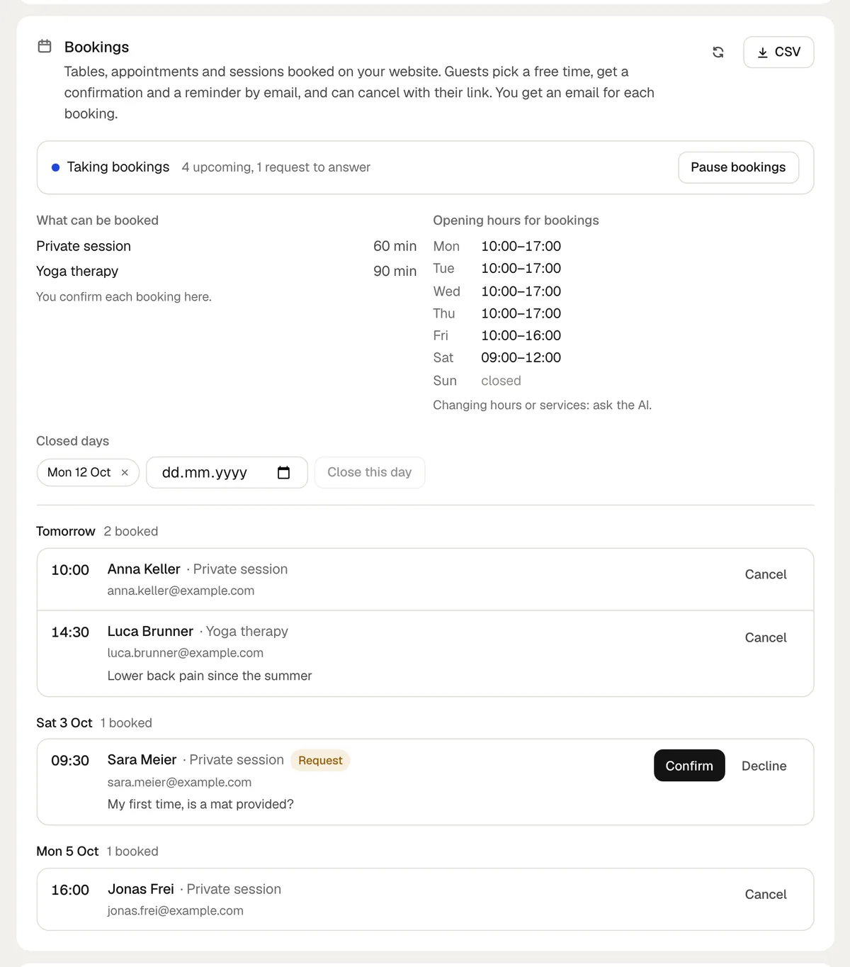 Bookings in the Cloud tab of a yoga studio: taking bookings, 4 upcoming and 1 request, the services and opening hours, a closed day, and the bookings by day with Confirm and Decline for the request