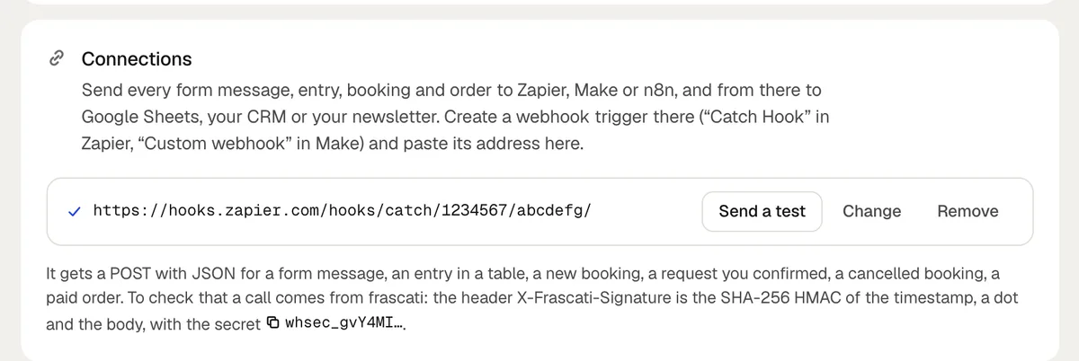 Connections in the Cloud tab with a Zapier address saved, and Send a test, Change and Remove