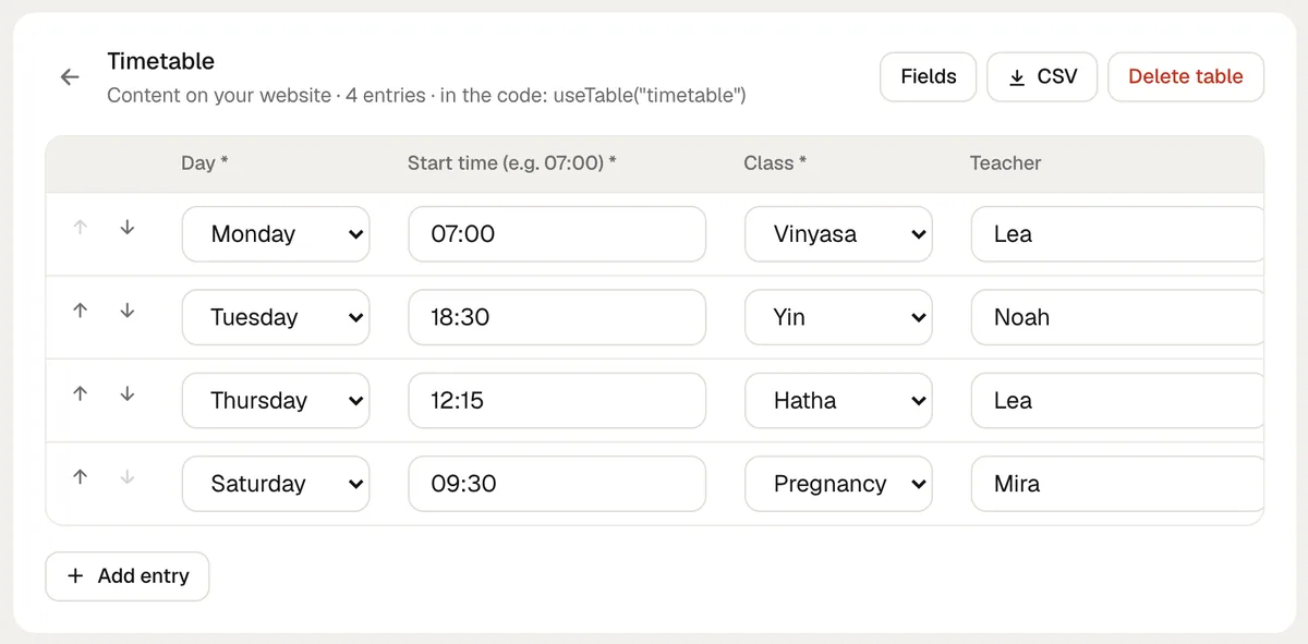 A timetable in the Cloud tab: day, start time, class and teacher for each entry, with Add entry and CSV