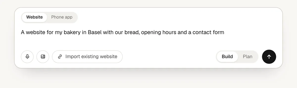 The prompt box on the dashboard with a description of a bakery website, Website selected, and Build and Plan next to the send button