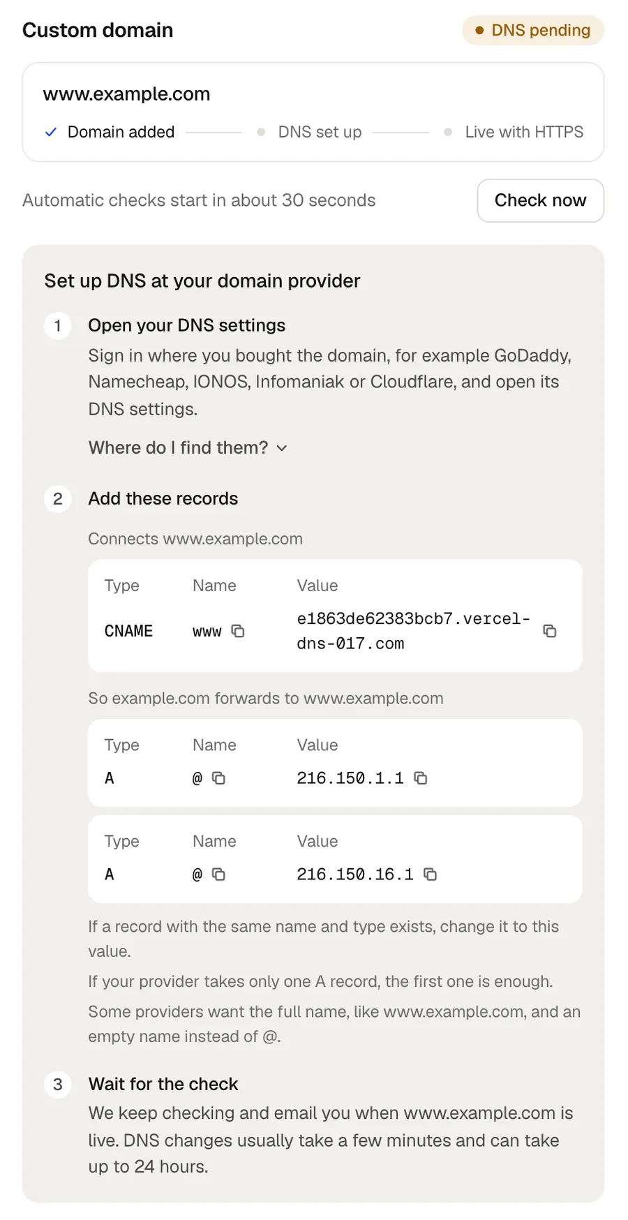 A custom domain waiting for DNS: the three stages and the records to set at the domain provider