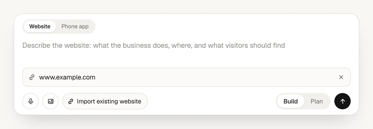 The box on the dashboard with Import existing website open and the address www.example.com in its field