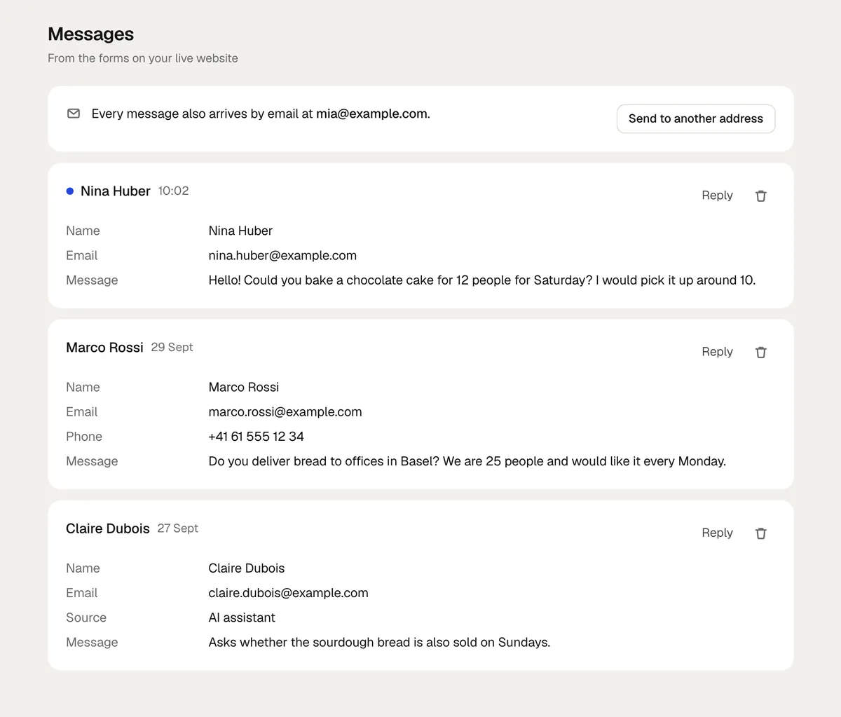 Messages with three form messages, the newest marked as new, the last one from the AI assistant, each with Reply and a bin