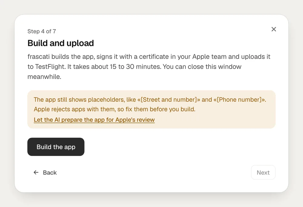 Step 4 of 7, Build and upload, with the warning that the app still shows placeholders