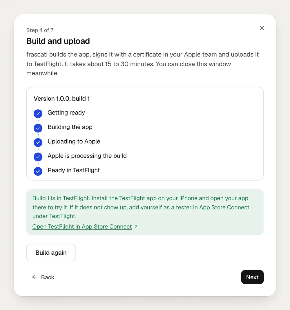 A finished build: all stages done, and the note that build 1 is in TestFlight