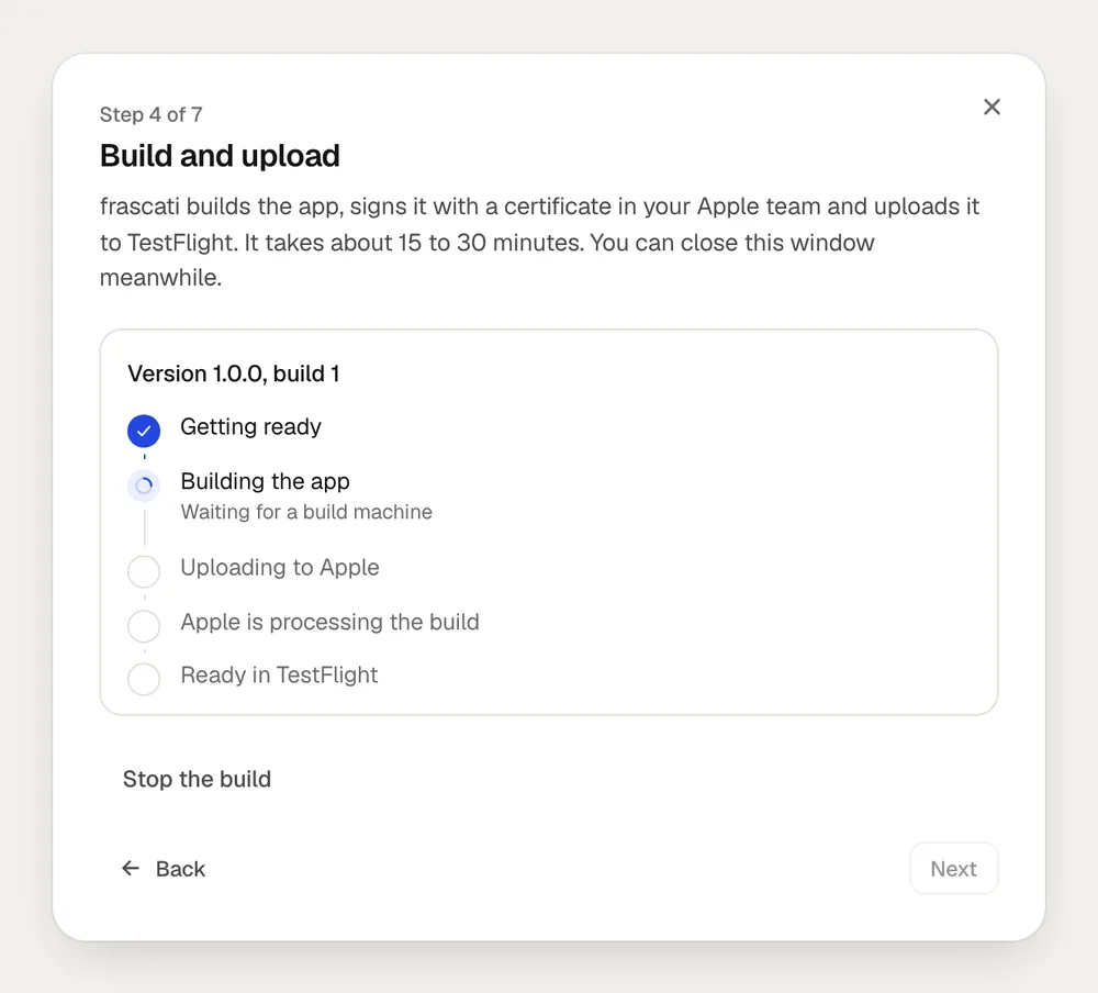 A build in progress: Getting ready is done, Building the app is running