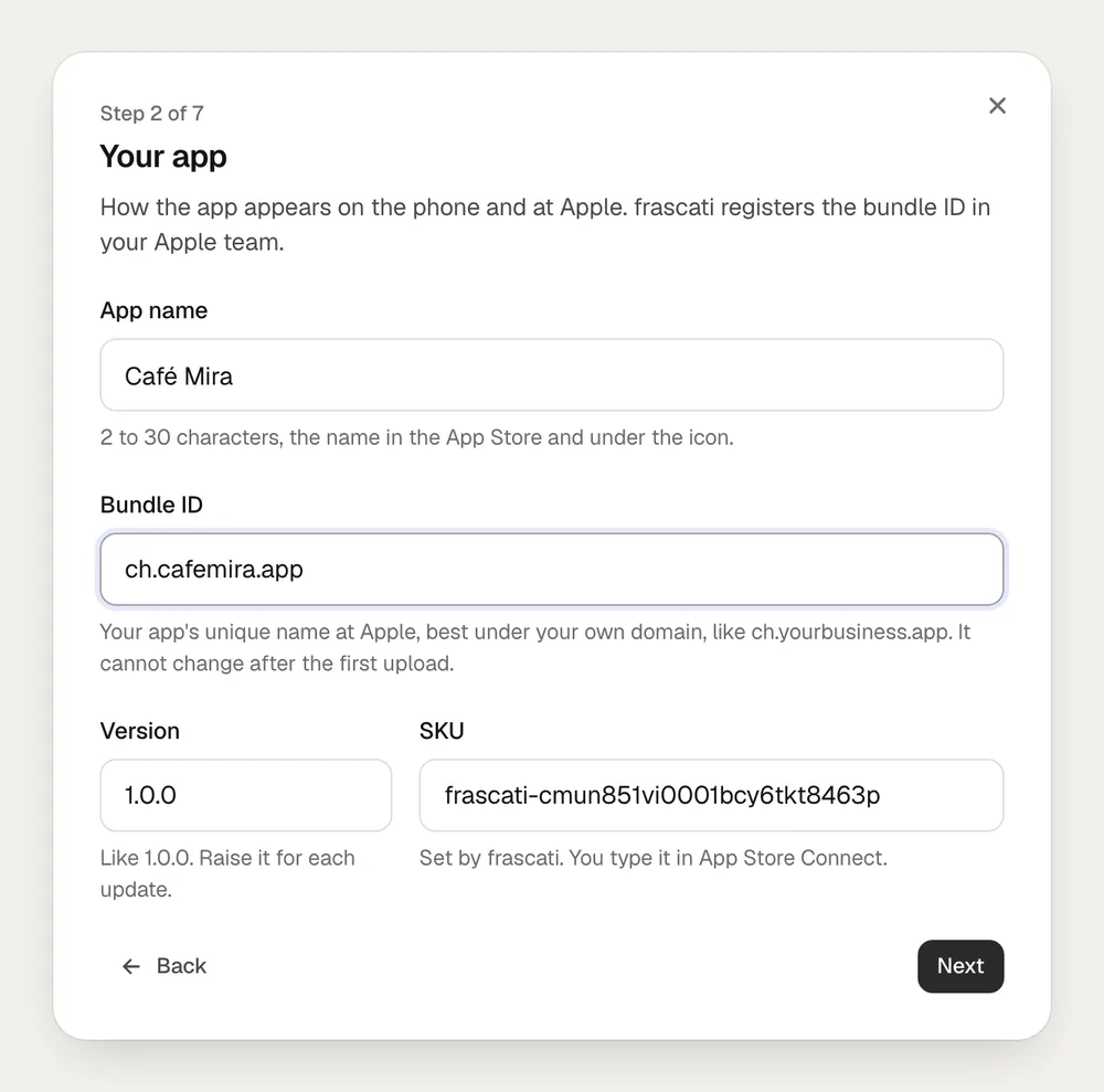 Step 2 of 7, Your app: app name, bundle ID, version and SKU