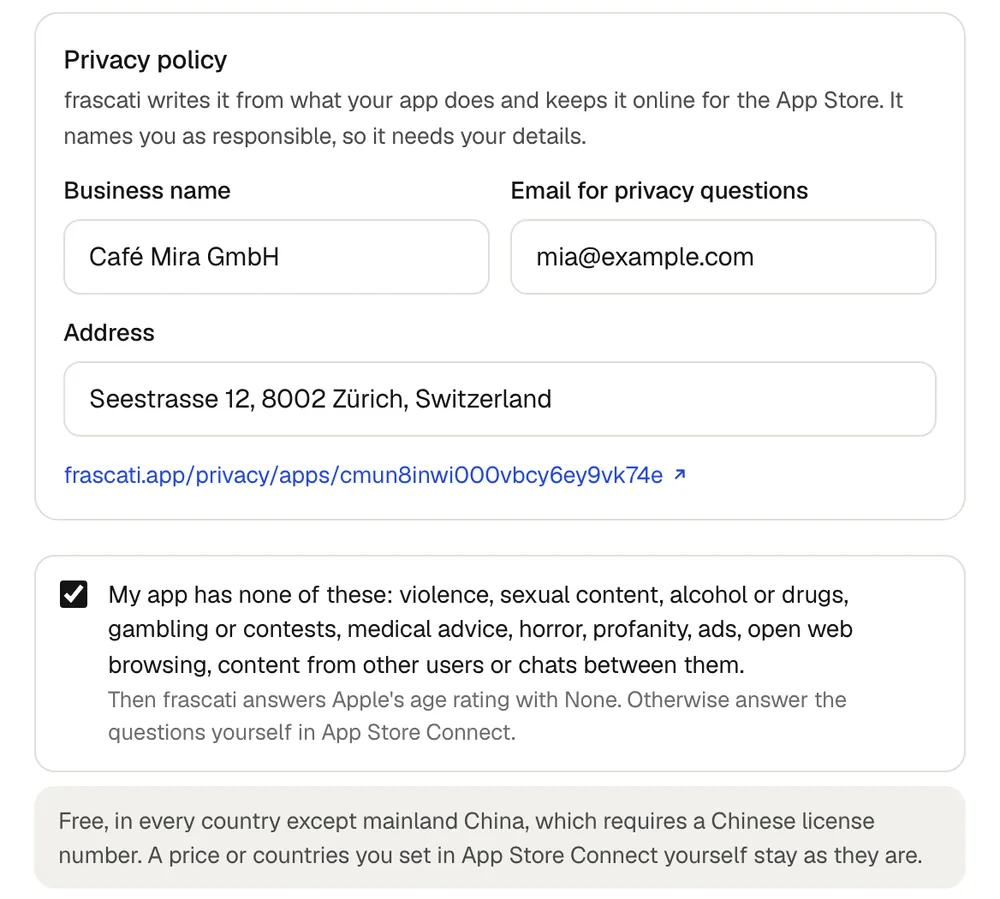 The privacy policy details, the age rating box ticked and the note about price and countries