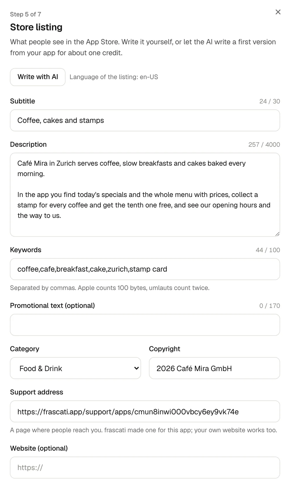 Step 5 of 7, Store listing: Write with AI, subtitle, description, keywords, category, copyright and support address