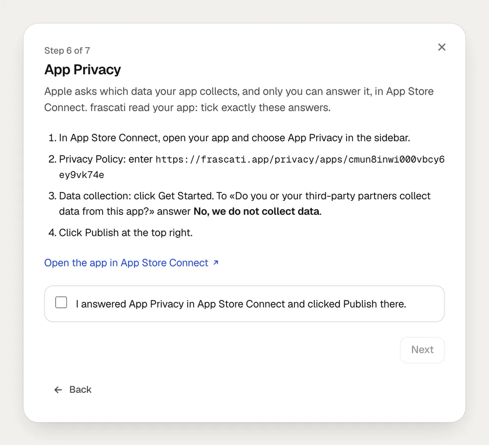 Step 6 of 7, App Privacy: what to enter and tick in App Store Connect