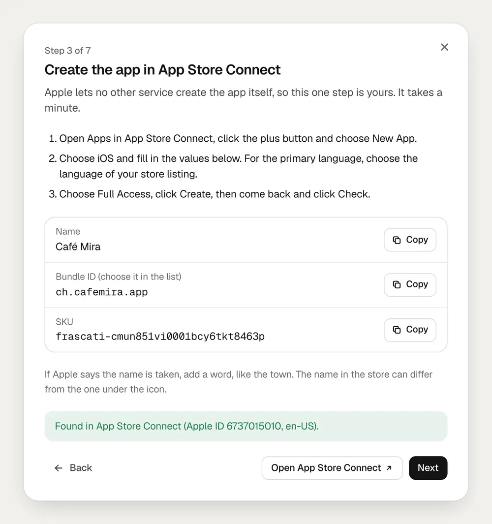 Step 3 of 7: the name, bundle ID and SKU to copy into App Store Connect, and the note that the app was found