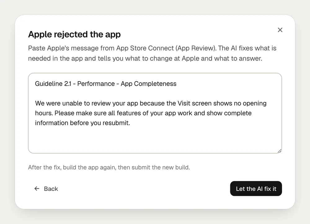 Apple rejected the app: Apple's message pasted, with Let the AI fix it