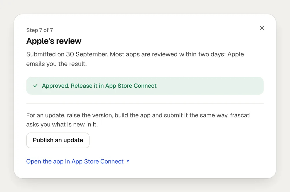 Apple's review: approved, with Publish an update below