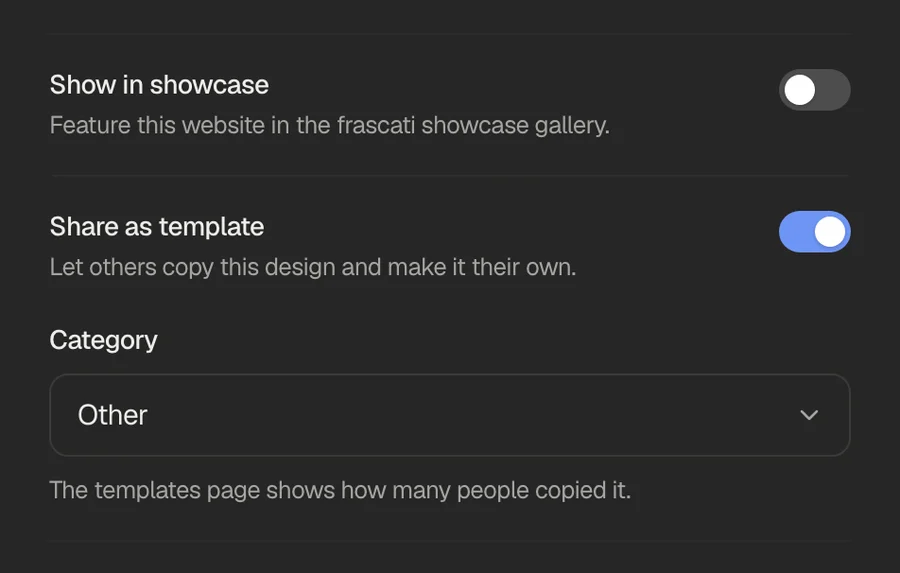 Show in showcase and Share as template in the Publish window, Share as template switched on with the category Other