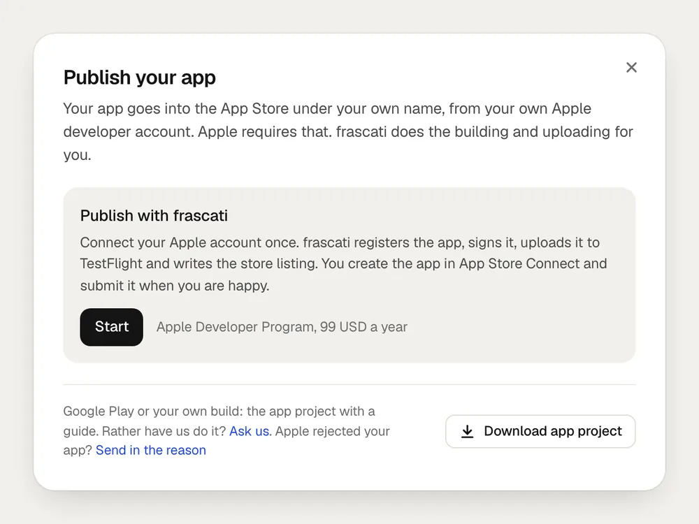 The Publish your app window with Publish with frascati, the Start button and Download app project