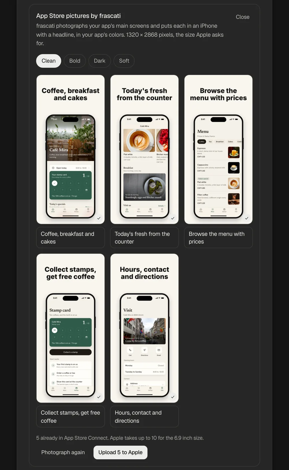 App Store pictures by frascati: five screens of the app in an iPhone, each with a headline, in the Clean style