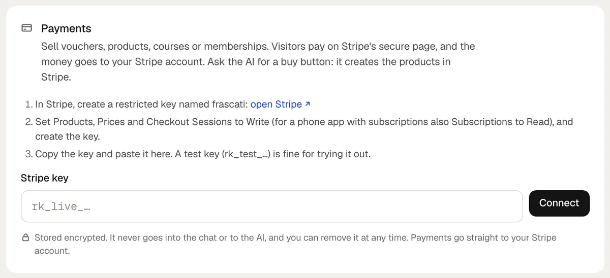Payments in the Cloud tab: the three steps to create a restricted key in Stripe and the field for the key