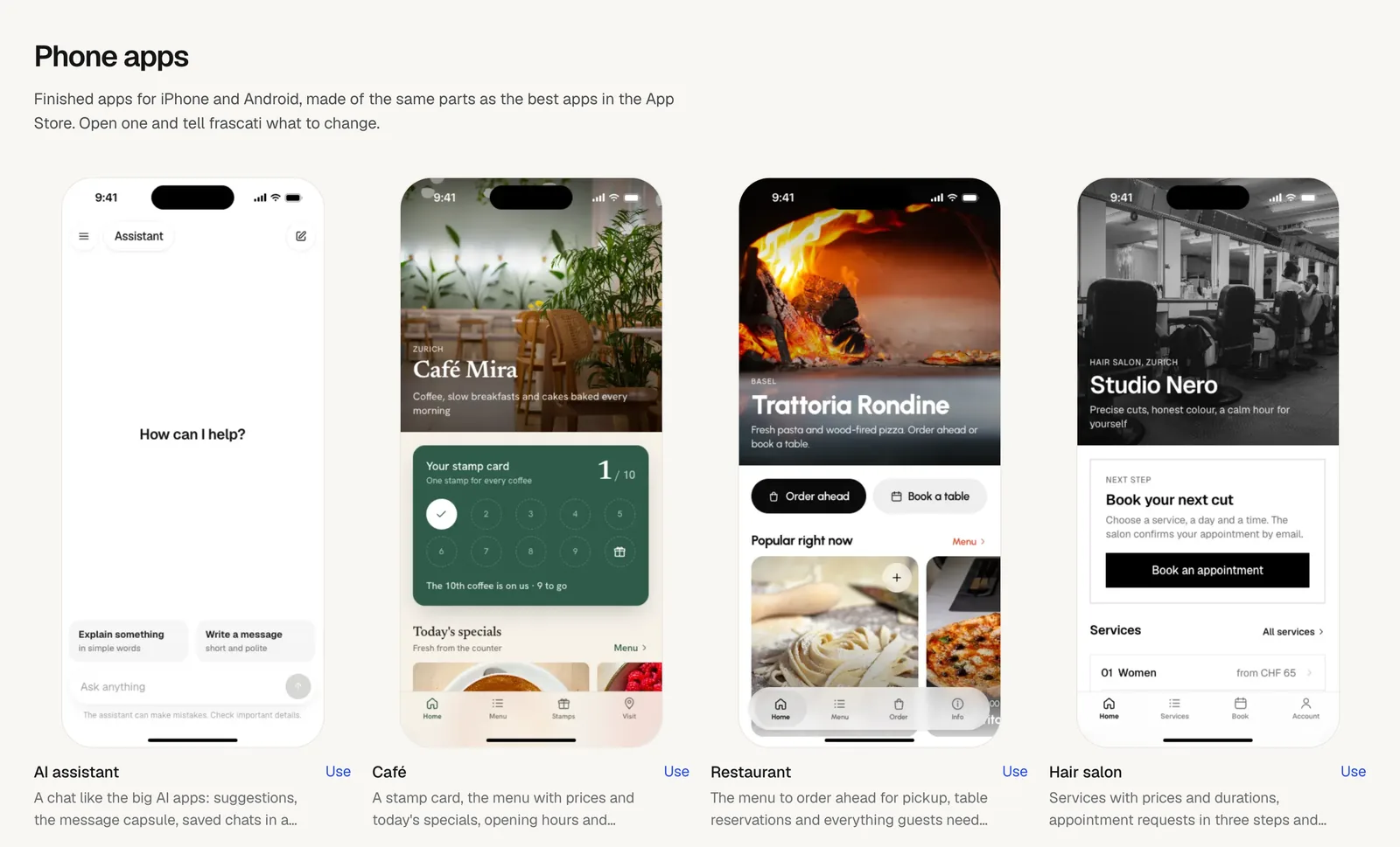 Four phone app templates on the templates page: AI assistant, Café, Restaurant and Hair salon
