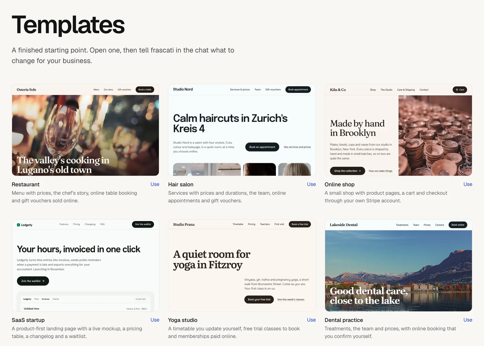 The templates page with six website templates, each with a Use link