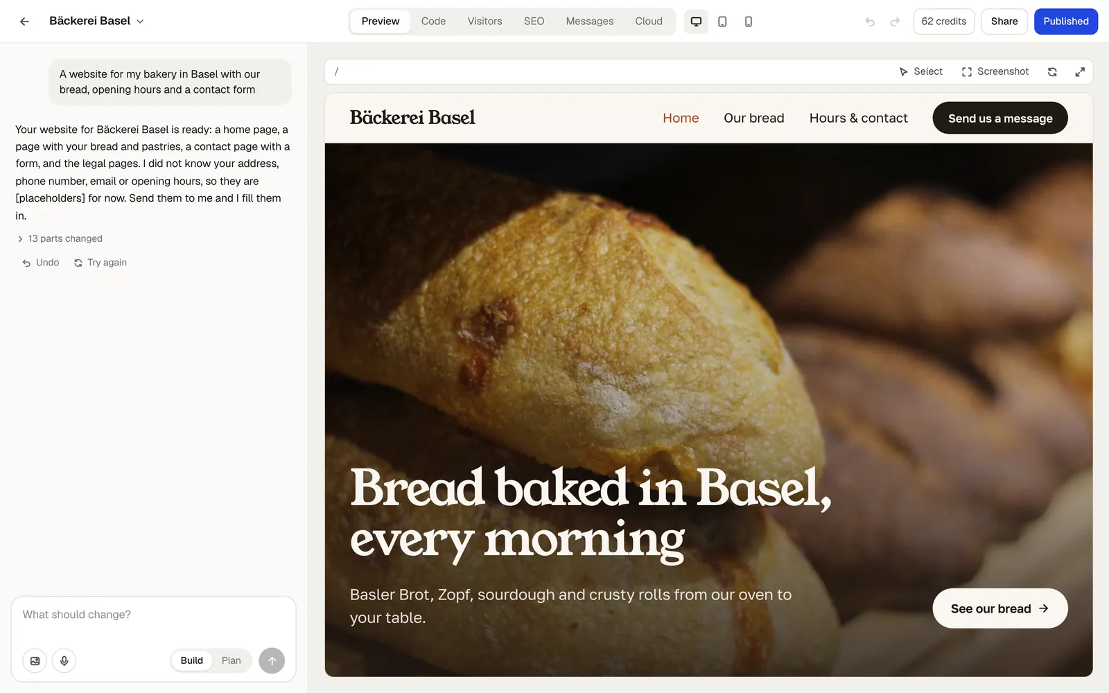 The editor: the chat with the request and frascati's answer on the left, the preview of the bakery website on the right