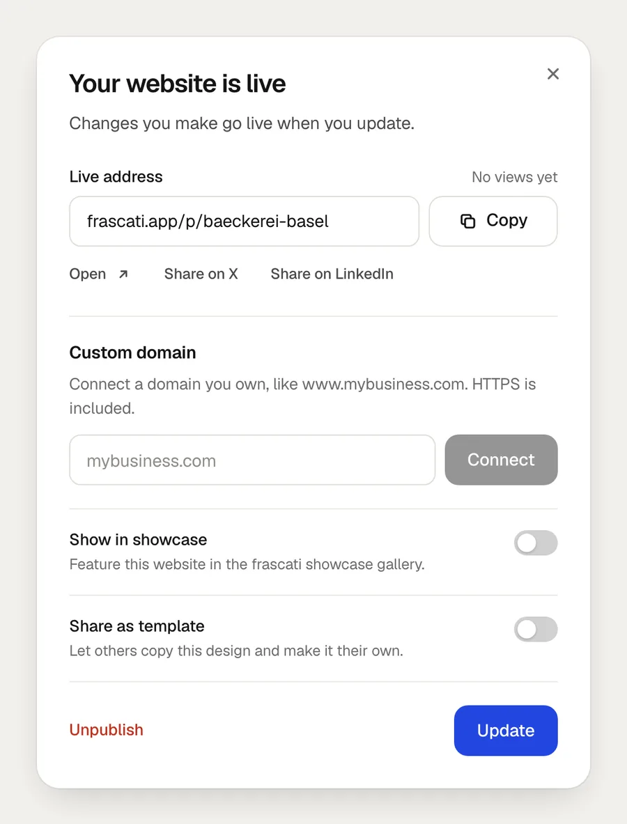 The Publish window after publishing: the live address with a Copy button, the custom domain field, and Update and Unpublish