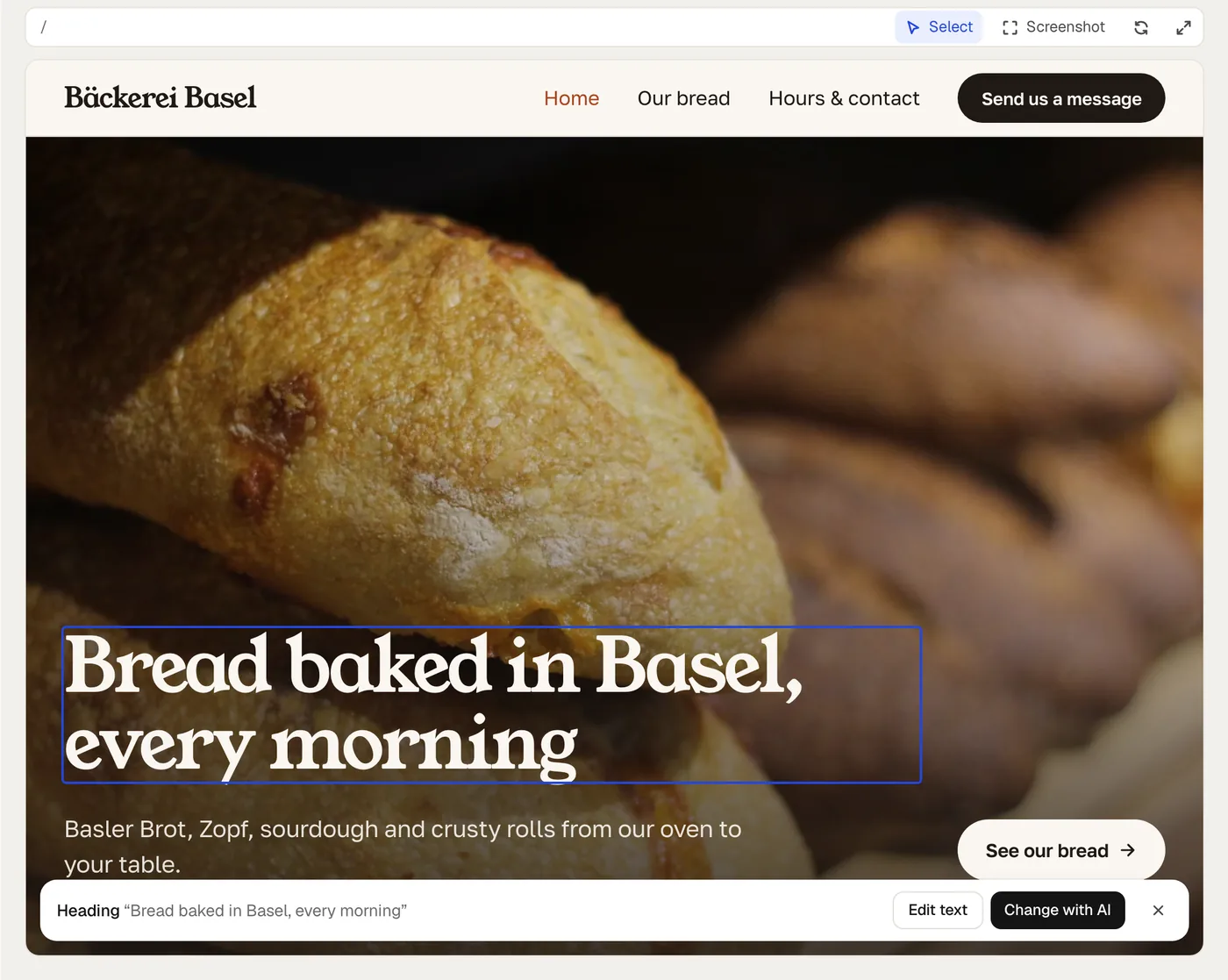 A heading picked in the preview with Select, and a bar below it with Edit text and Change with AI