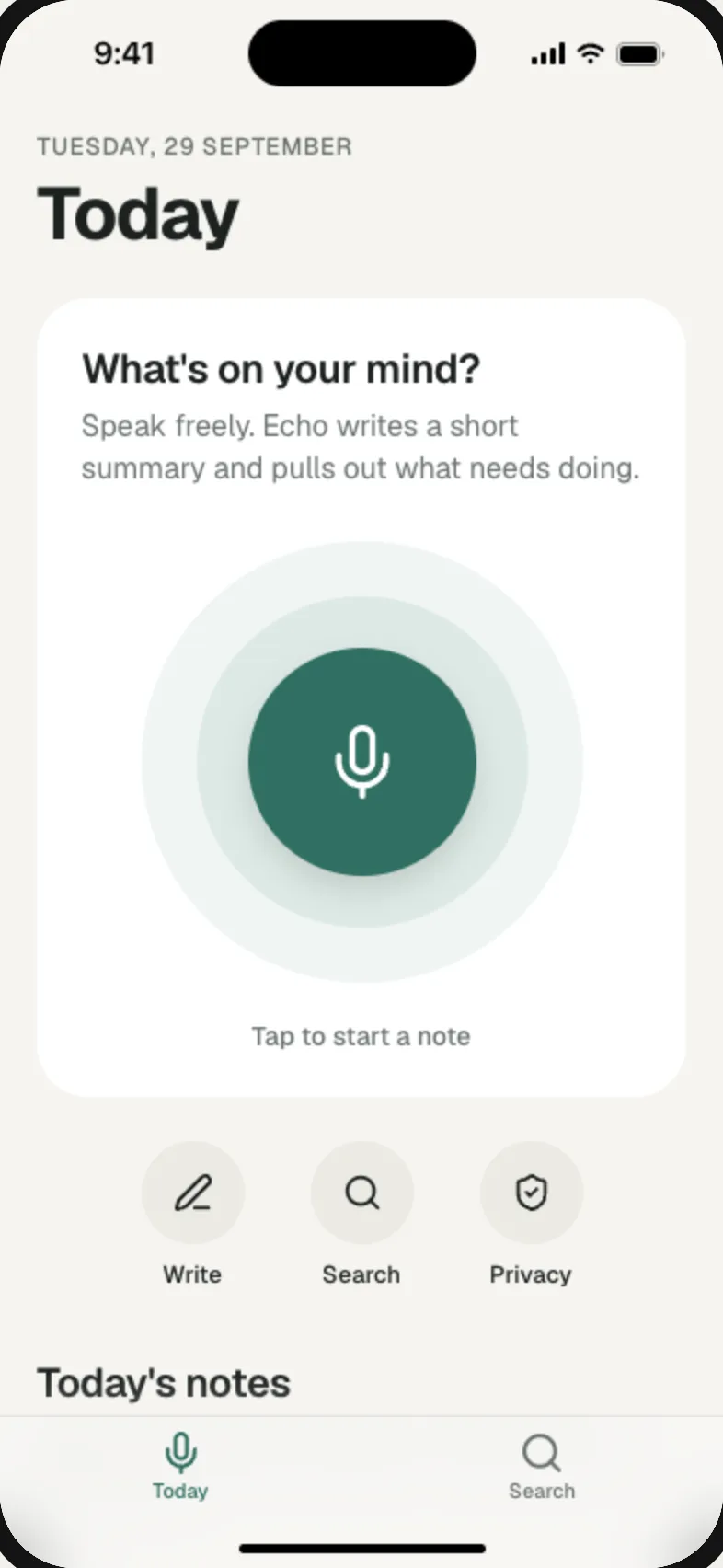 Echo, eine App für KI Sprachnotizen: Aufnahmeknopf und die Notizen von heute