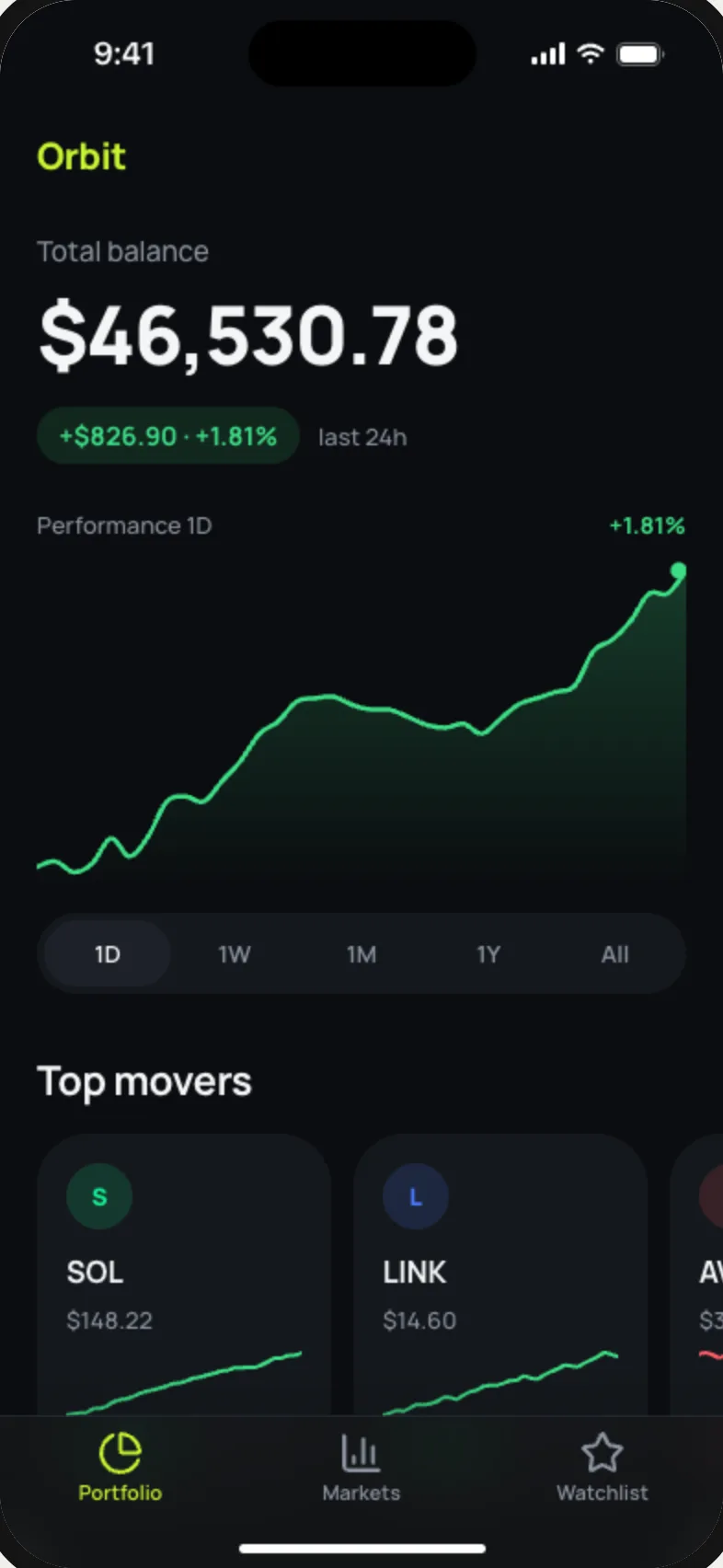 Orbit, eine Krypto Portfolio App mit Beispieldaten: Saldo, Kurve und Coins