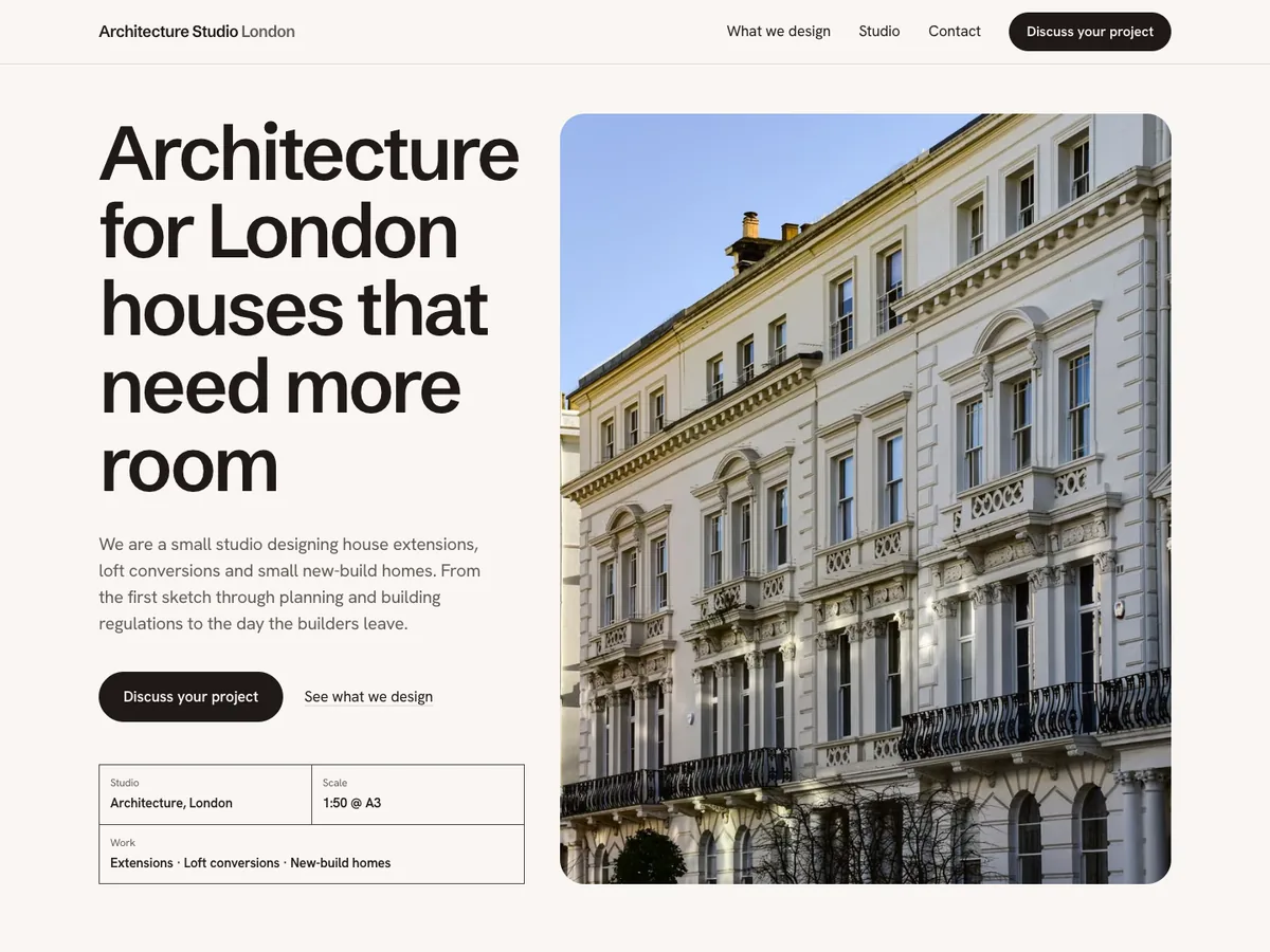 First version of a website: Architecture studio, London