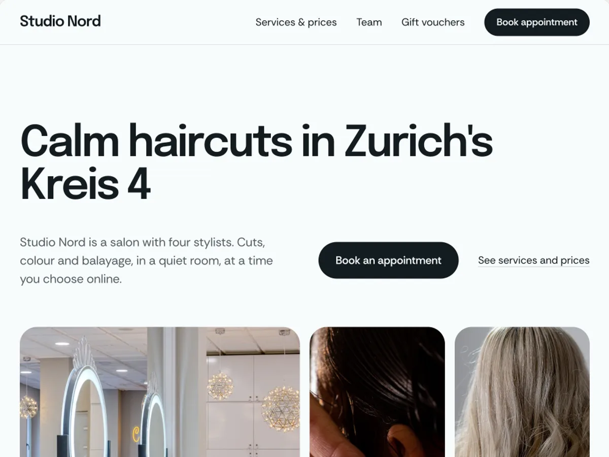First version of a website: Hair salon with online booking, Zurich
