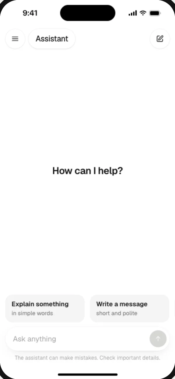 Die App Vorlage KI Assistent: ein Chat mit «How can I help?» und zwei Vorschlägen