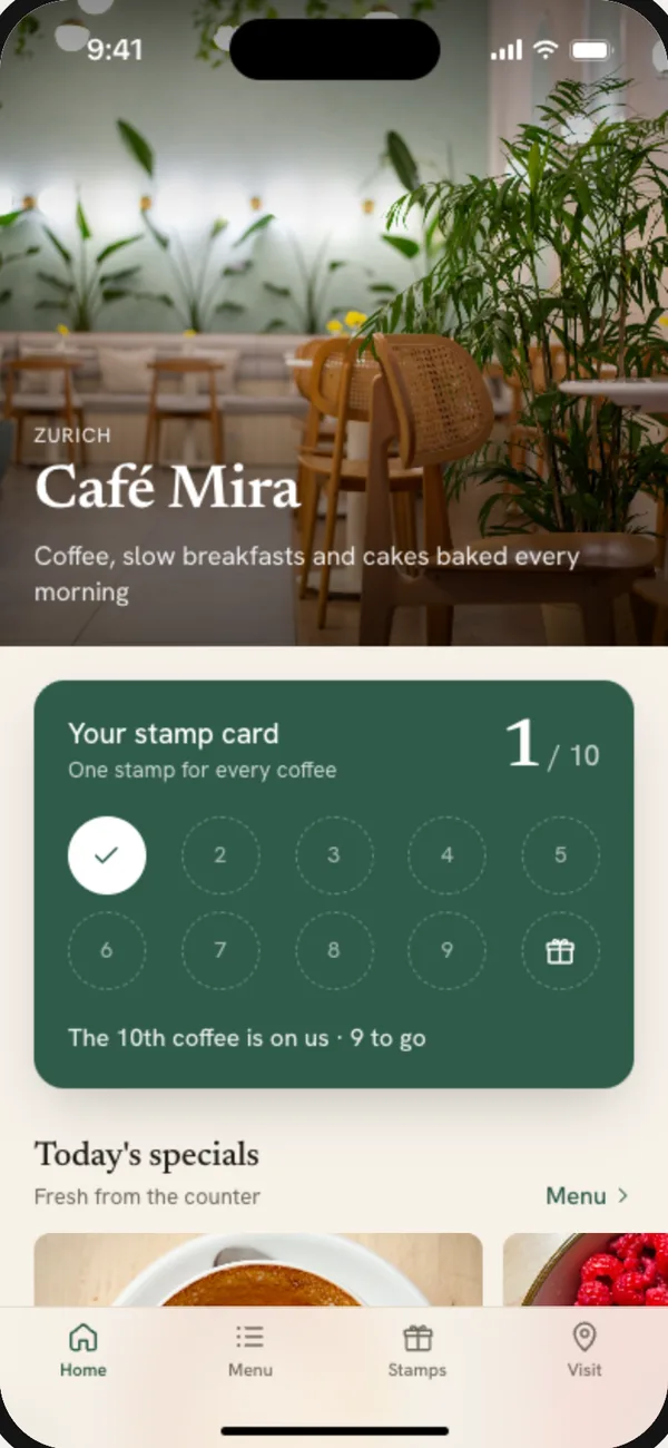 Café Mira, App eines Cafés: Stempelkarte, Tagesangebot und Menü