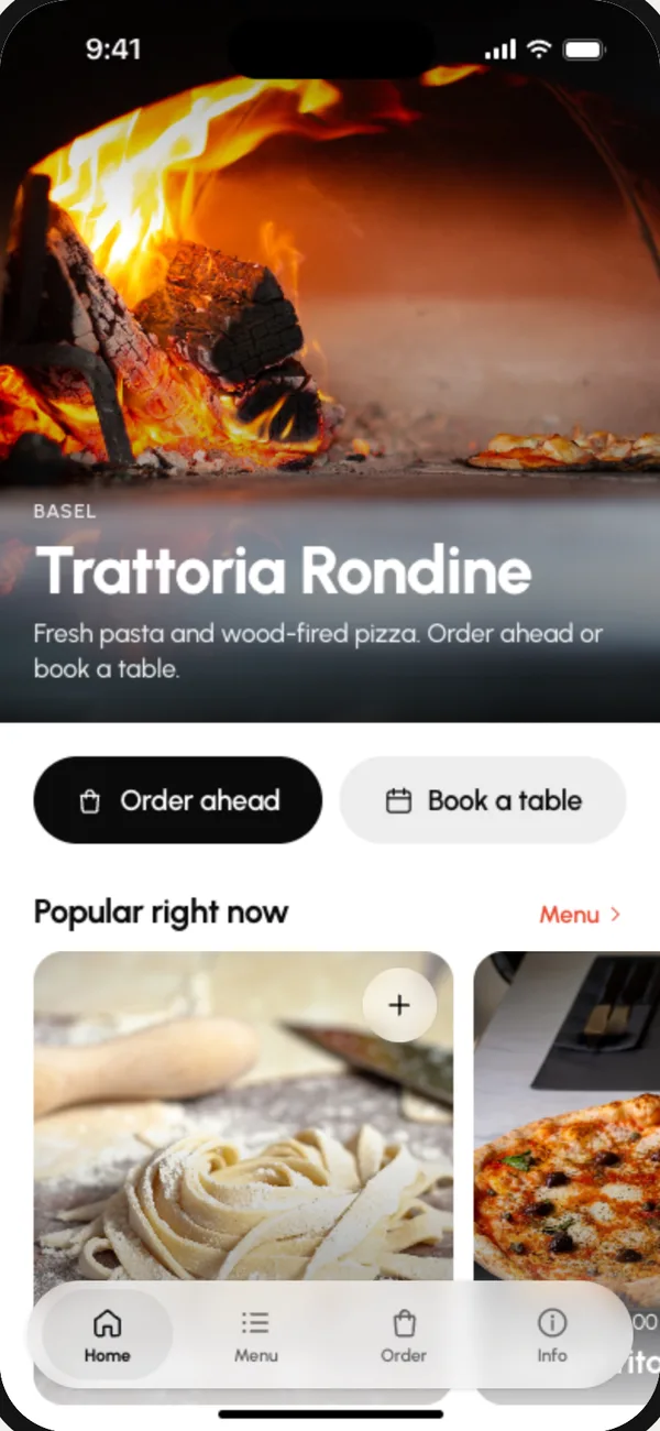 Trattoria Rondine, App eines Restaurants: vorbestellen, Tisch reservieren, beliebte Gerichte