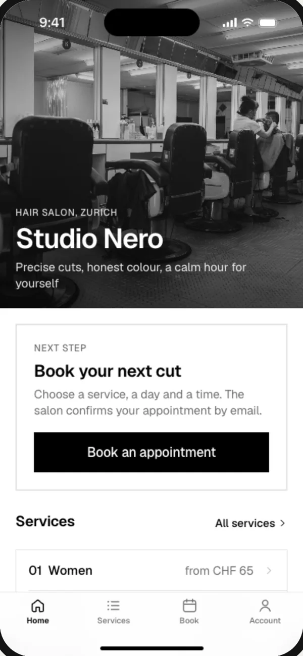 Studio Nero, App eines Coiffeurs: nächsten Termin buchen, Leistungen mit Preisen