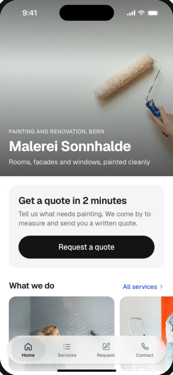 Malerei Sonnhalde, App eines Malerbetriebs: Offerte in zwei Minuten und Leistungen