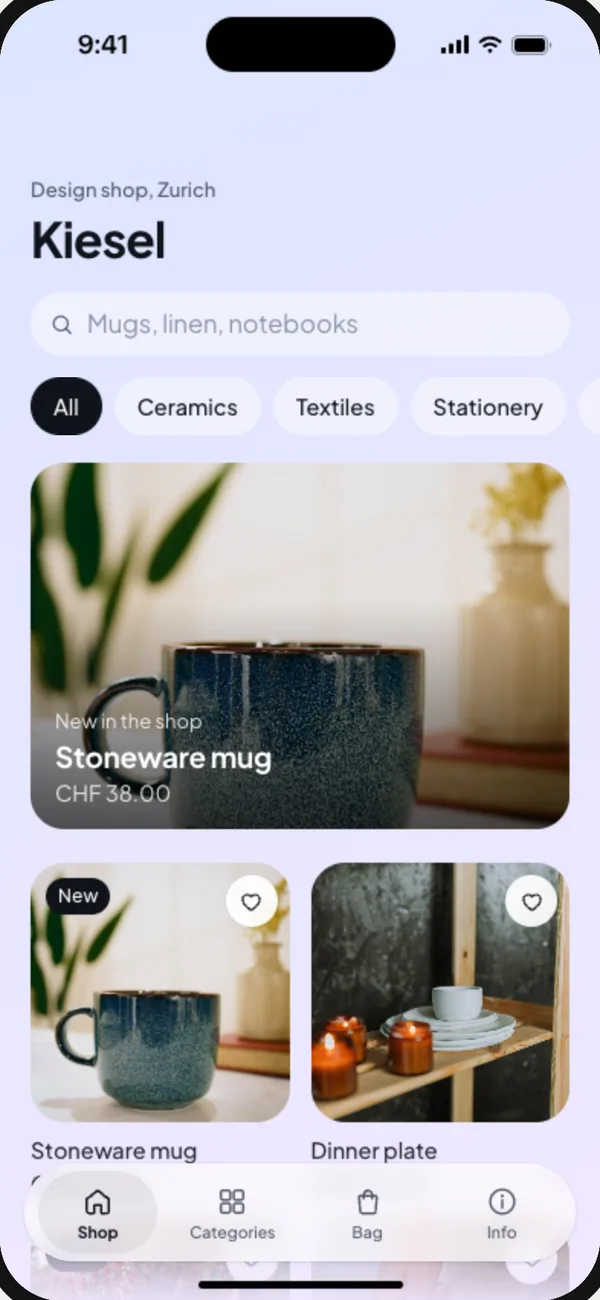 Kiesel, App eines Designladens: Suche, Kategorien und neue Produkte