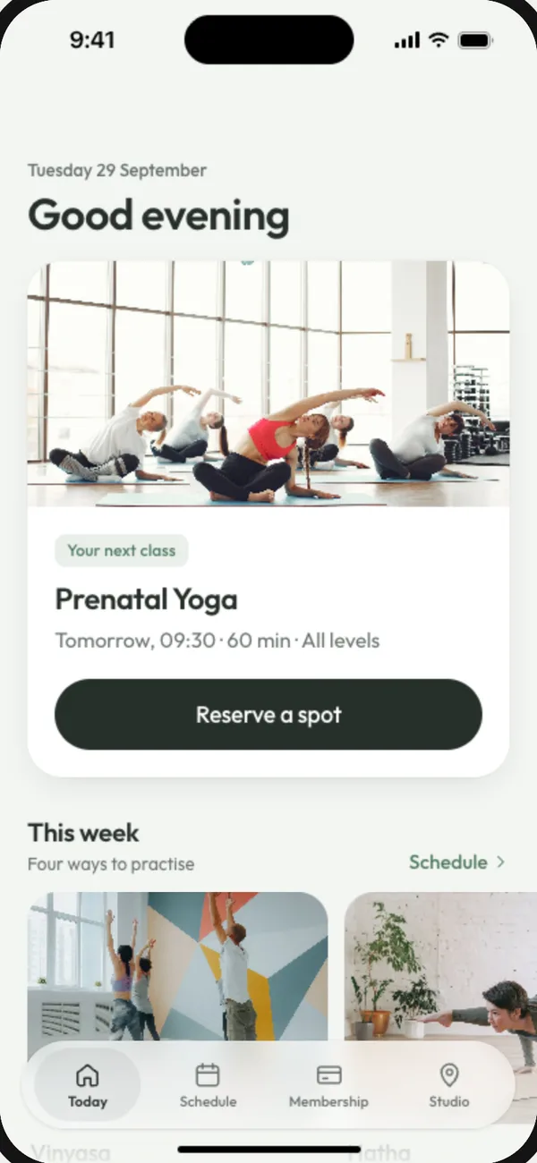Linde Yoga, App eines Yogastudios: die nächste Stunde und der Wochenplan