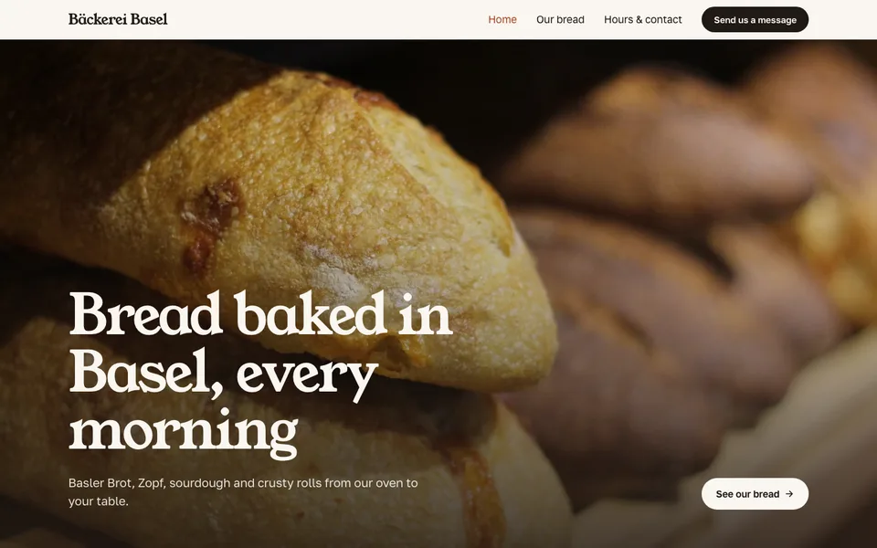 Die Vorlage Bäckerei: Bäckerei Basel mit frischem Brot und dem Knopf zum Brot des Tages