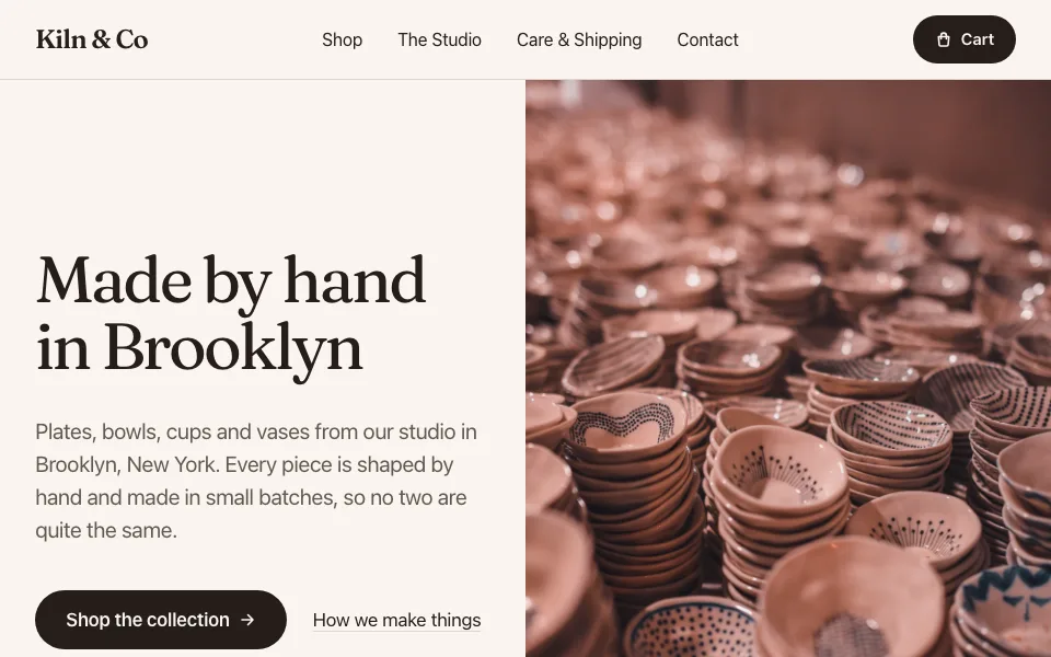 Die Vorlage Onlineshop: Kiln & Co aus Brooklyn mit handgemachter Keramik und dem Knopf zur Kollektion