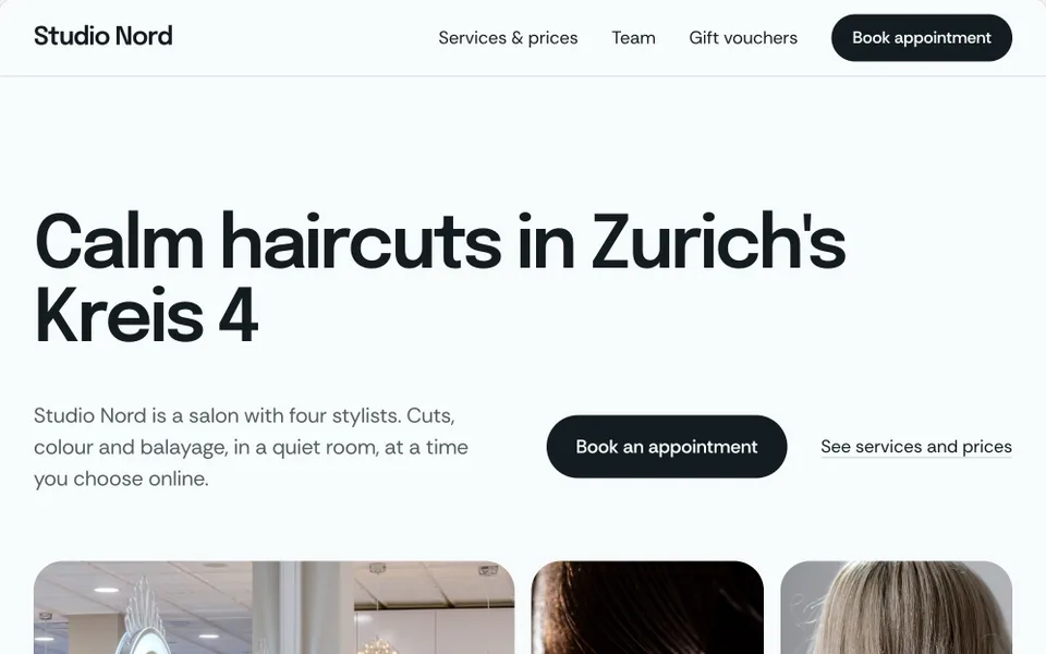 Die Vorlage Coiffeur: Studio Nord in Zürich mit «Calm haircuts in Zurich's Kreis 4» und dem Knopf für einen Termin