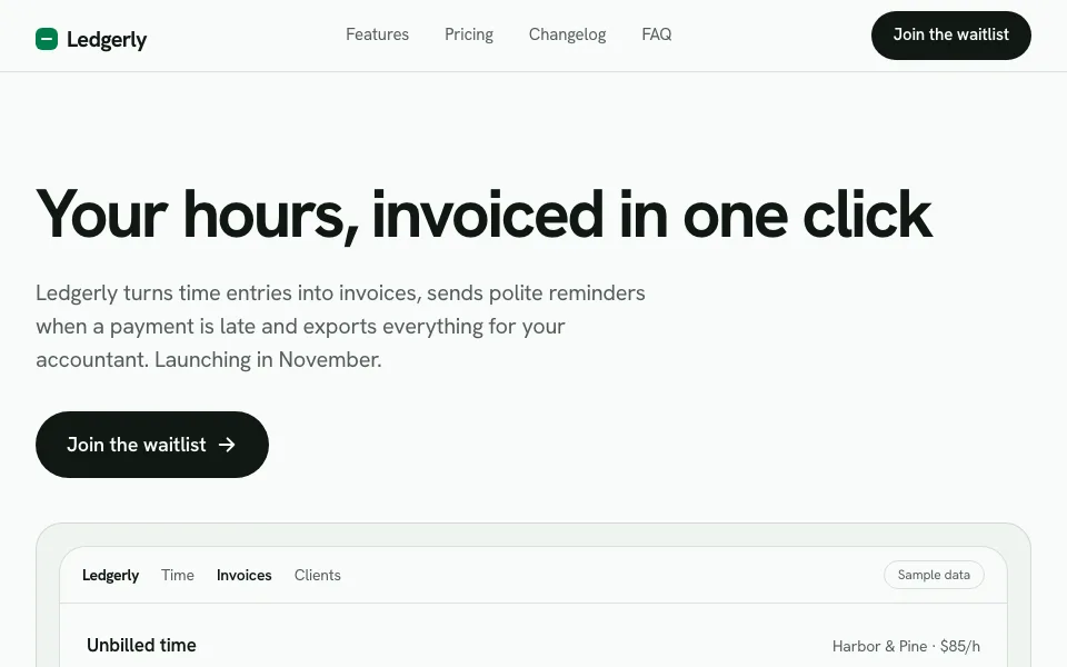 Die Vorlage SaaS Startup: Ledgerly mit «Your hours, invoiced in one click» und dem Knopf zur Warteliste