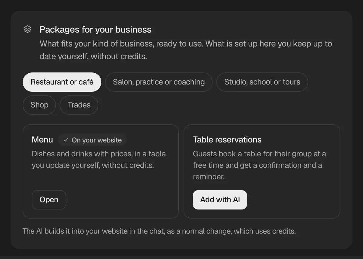 A café's packages in the Cloud tab: Restaurant or café chosen, the menu on the website with Open, table reservations with Add with AI