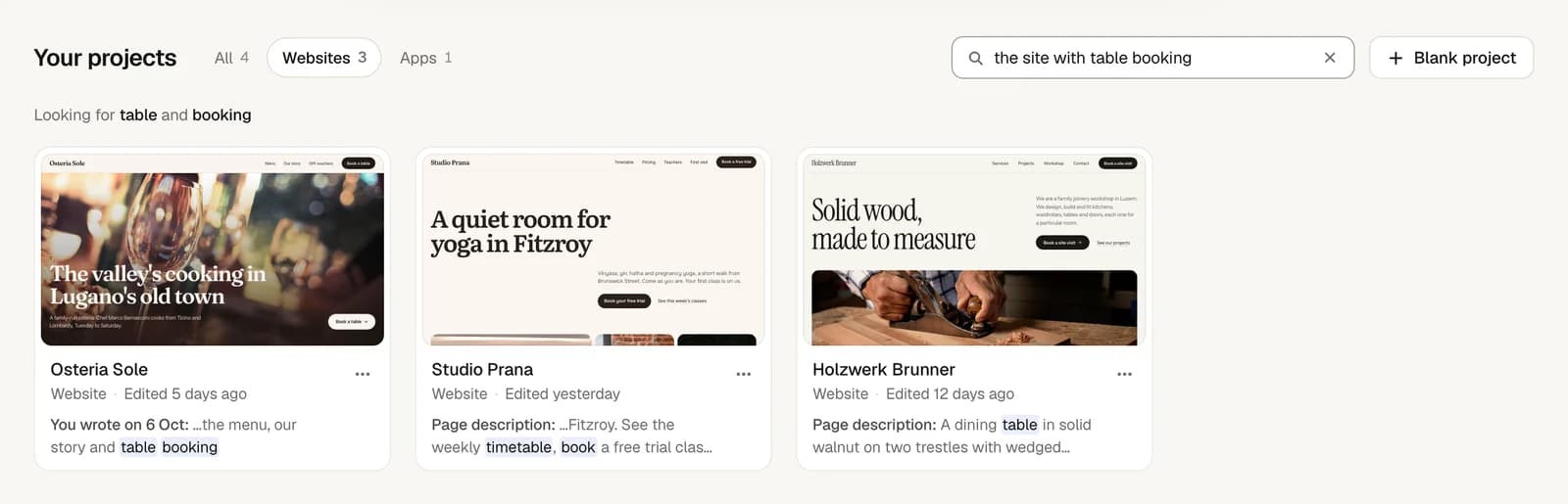 The search with “the site with table booking”: Websites chosen by itself, the words it looks for, and three websites, each with the line where they were found