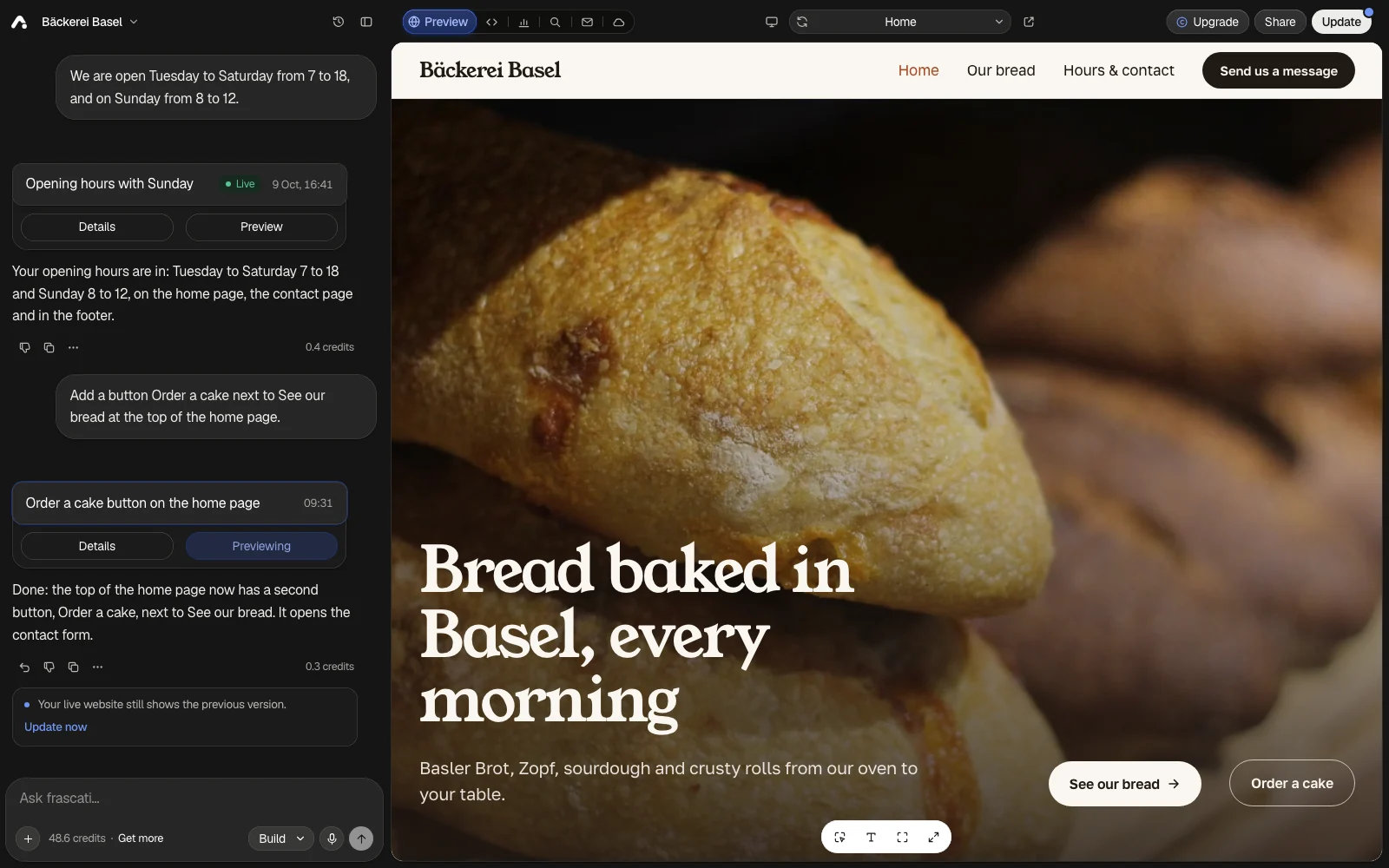The editor with the bakery website: the chat with two version cards on the left, the first one Live, the preview on the right, and Upgrade, Share and Update with a blue dot at the top right