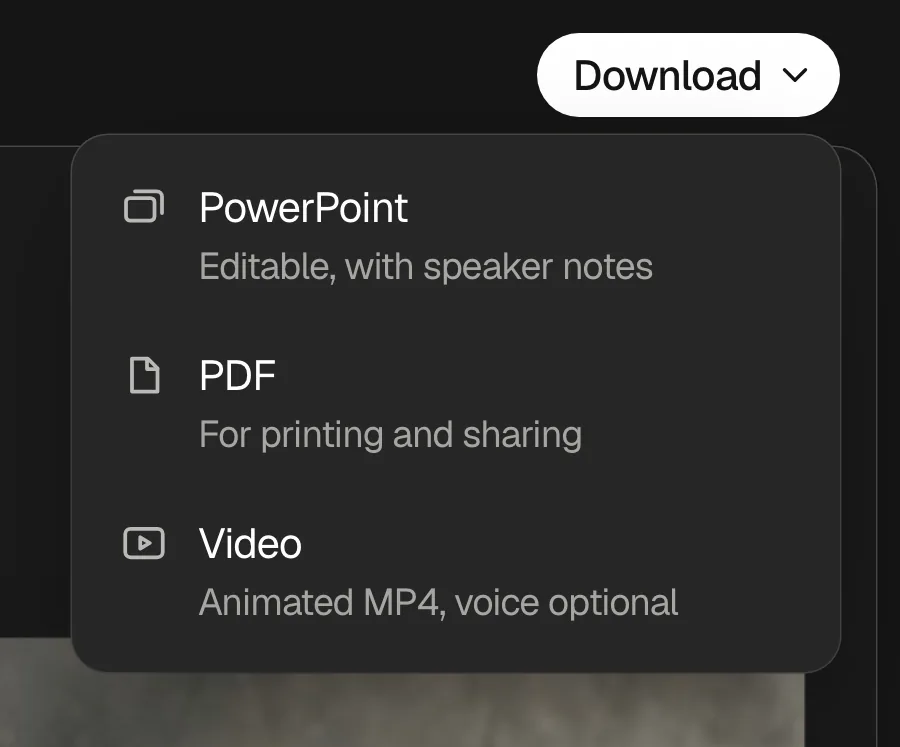 The Download menu of a presentation: PowerPoint, editable with speaker notes, PDF for printing and sharing, and Video, an animated MP4 with an optional voice