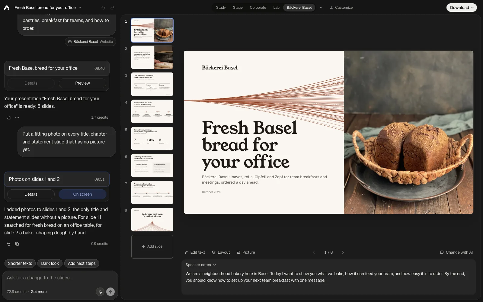 The presentation editor: the chat with a change that put photos on slides 1 and 2, the styles Study, Stage, Corporate, Lab and Bäckerei Basel above the slides with Customize, the list of eight slides, the title slide with its photo, the tools under it, and its speaker notes